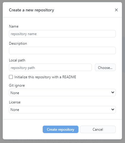 A window with options for creating a new repository.